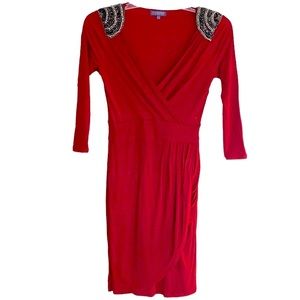 Vivienne Tam Red faux wrap red dress with black and sliver shoulder accents, S